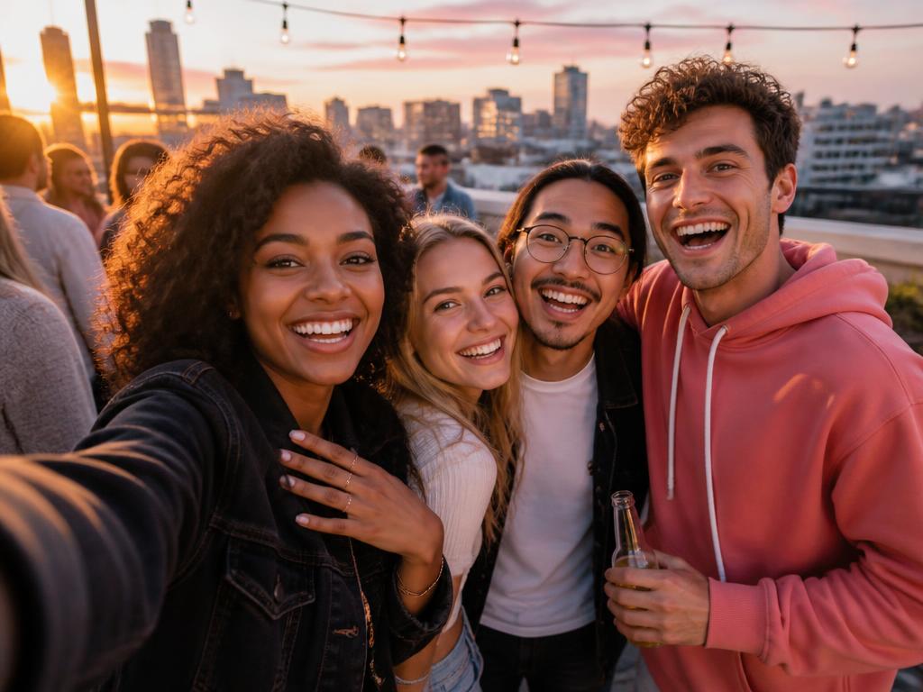 Friends taking a group selfie at a rooftop party at sunset