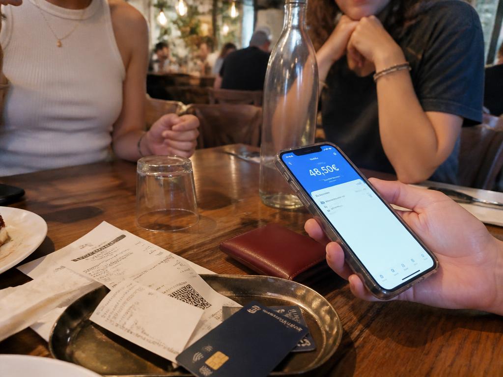 Friends splitting a restaurant bill on a phone